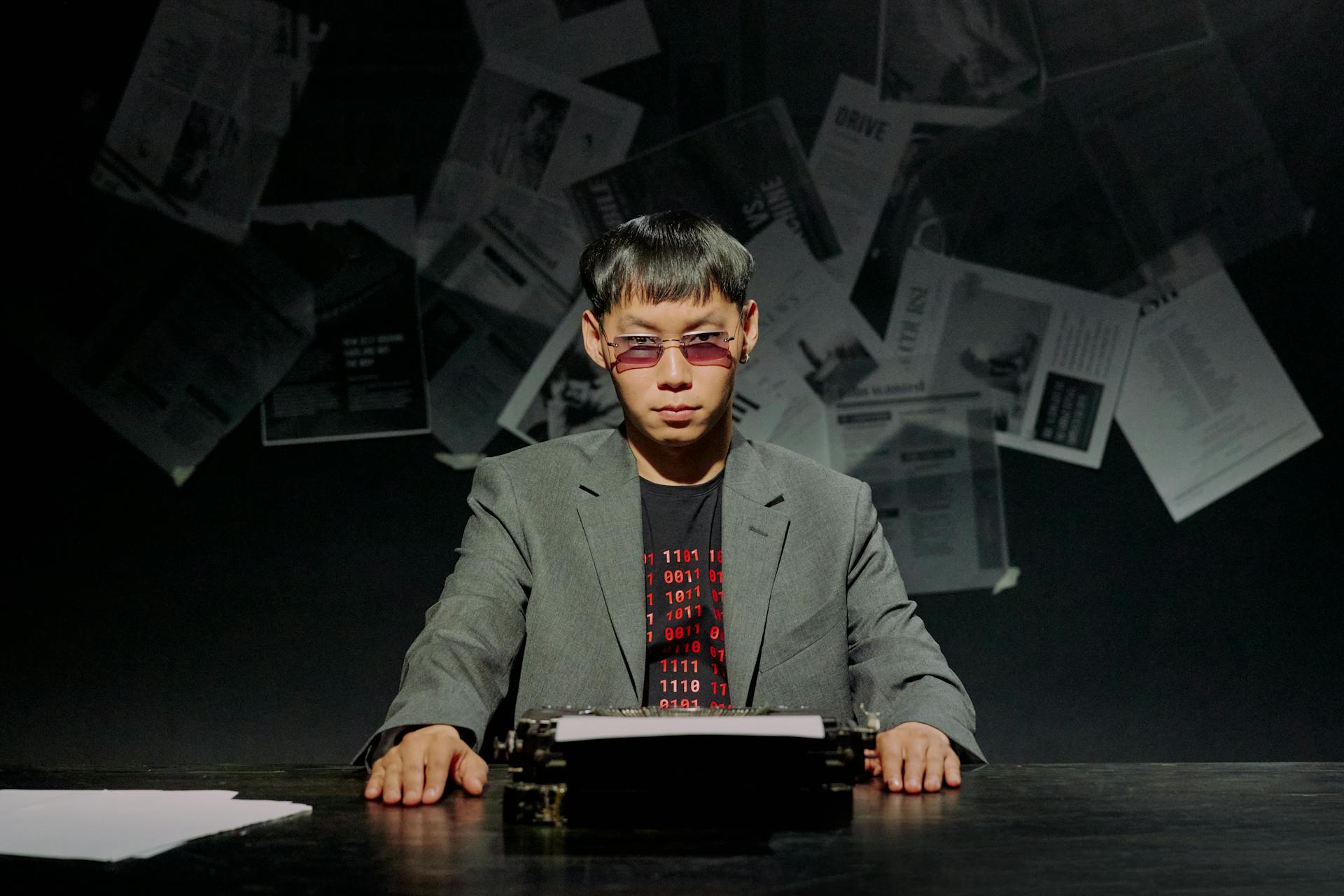 A Man Sitting at the Table with Typewriter