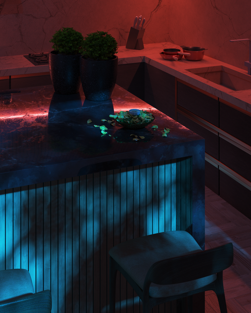 Free A stylish kitchen interior bathed in colorful mood lighting and sleek design elements. Stock Photo