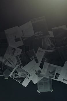 Papers with headlines floating against a dark background, creating a dramatic and abstract scene.