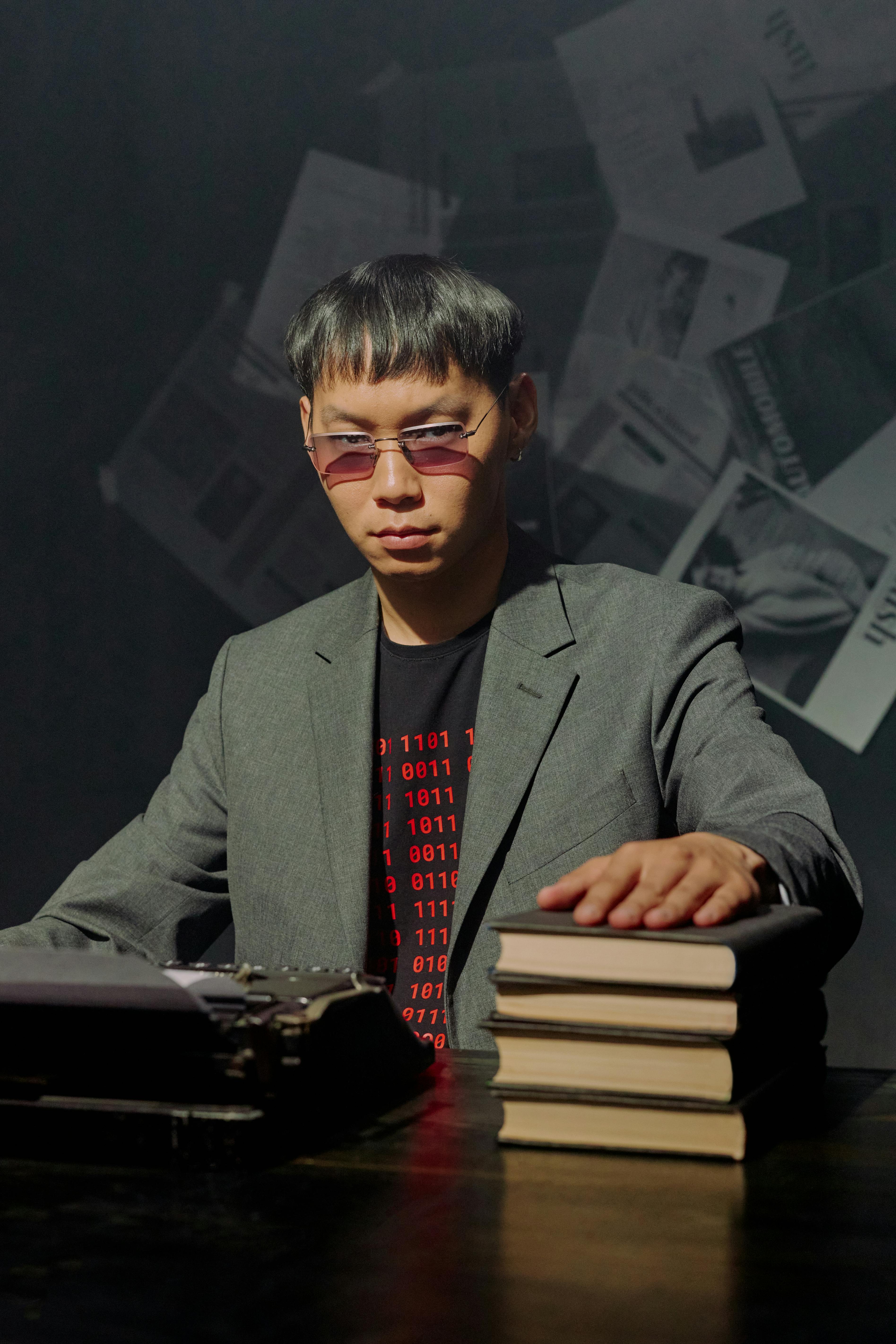 man sitting with a typewriter and books in front of him