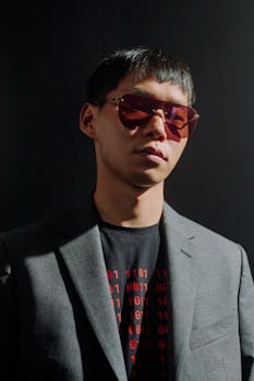 Studio portrait of a man wearing a suit and red sunglasses, blending fashion with technology.
