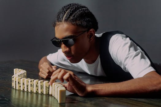 A man wearing sunglasses and concentrating intently while arranging dominoes in a studio setting.