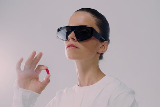 Portrait of a woman holding a red pill, wearing futuristic sunglasses. Studio shot with copy space.