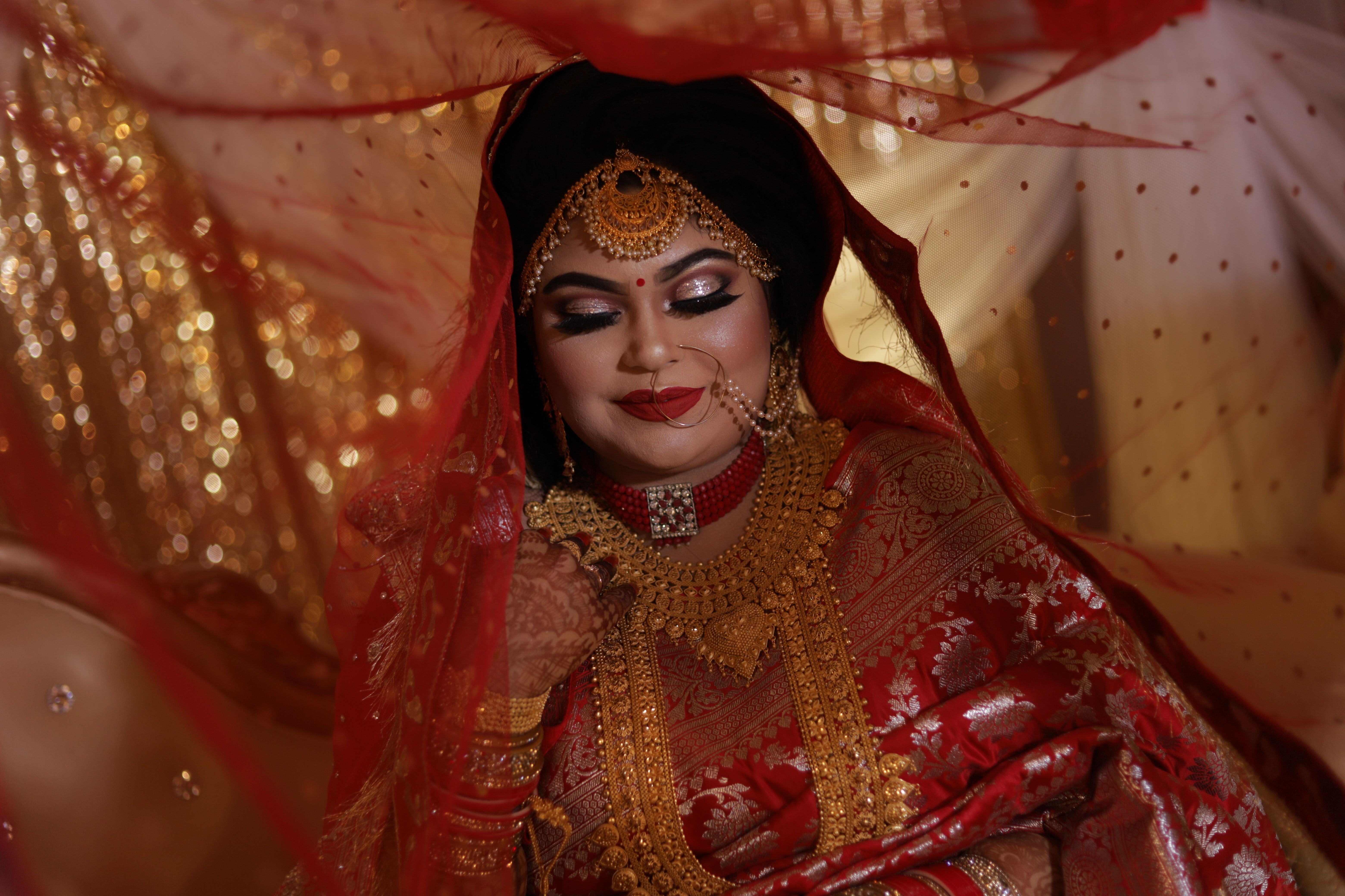 A Pretty Woman in Red and Gold Saree Posing · Free Stock Photo