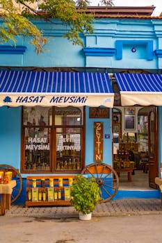 Colorful storefront with blue facade and striped awning displaying goods at a local shop.