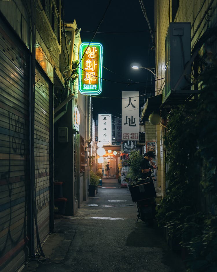 An Empty Alleyway Between Buildings At Night