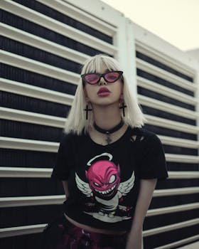 Portrait of a woman in grunge fashion style with gothic accessories, pink eyeglasses, and a graphic tee.