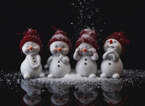 Adorable snowman figurines with red hats amidst falling snow, creating a cozy winter scene.