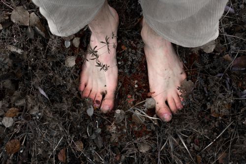 Free Close-up of bare feet on earthy and natural ground covered in foliage. Stock Photo