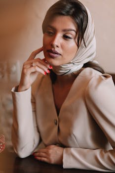 A sophisticated woman in a headscarf with manicured nails poses elegantly indoors.