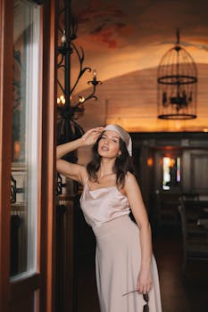 Stylish woman in a pink dress posing indoors with elegant background lighting, embodying chic fashion and grace.
