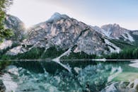 在晴朗的天空下，宁静的高山湖泊倒映着令人惊叹的山脉景观