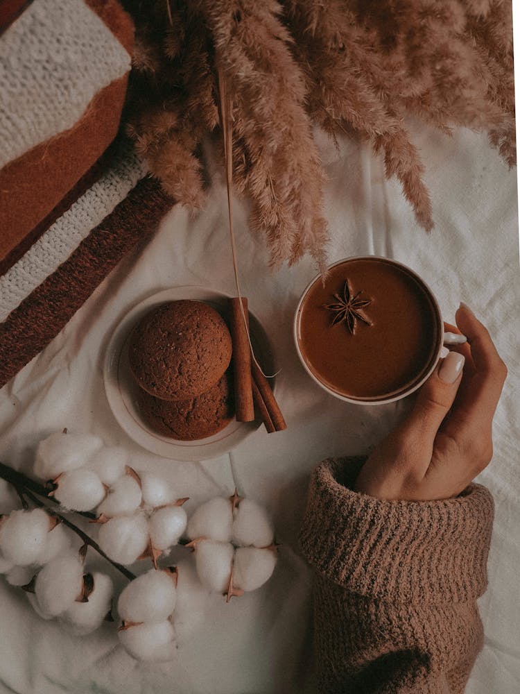 Person Holding Brown Ceramic Mug With Chai Hot Cocoa Beside  Chocolate Cookies