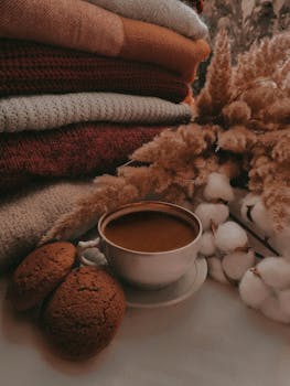 Warm and cozy autumn setup with a cup of coffee, knitted sweaters, and dried flowers.