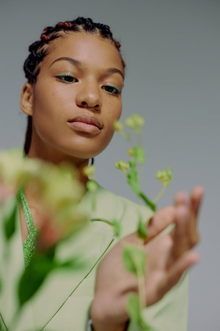 Hand Of Woman Touching Green Plant