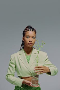 A woman in a green outfit holding a glass vase with a sprouting plant against a neutral background.