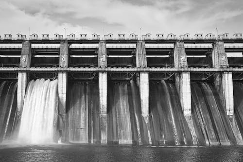 Grayscale Photo of a Dam