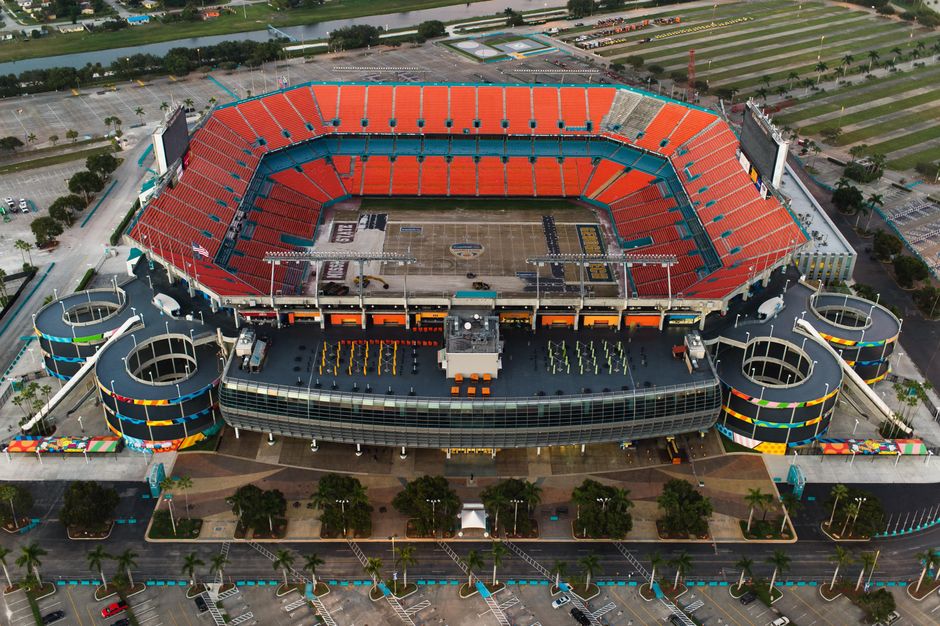 Best 45-Minute Miami Beach Sunset Breathtaking Flight Tour Review Review 2026 - High-angle aerial shot of an empty sports stadium with orange seats and surrounding parking areas.