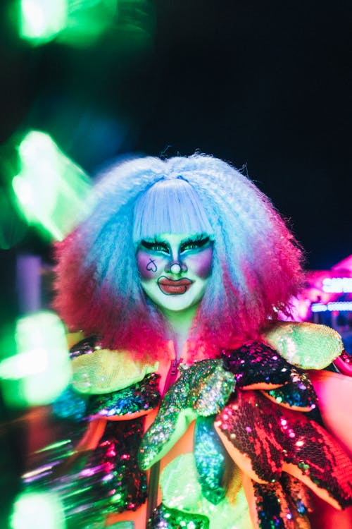 Woman in Colorful Costume, Makeup and Wig 
