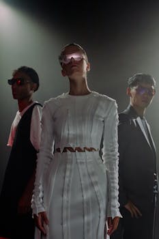 Futuristic fashion shoot with three models in stylish sunglasses and edgy outfits.