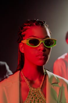 A fashionable woman poses in neon sunglasses with dramatic red lighting in a studio setting.