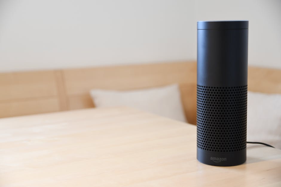 Amazon Echo placed on a wooden table