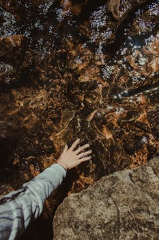 一只手伸进溪流，在岩石间反射着室外的阳光