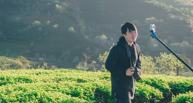 一位摄影师面带微笑，手拿相机，坐在宁静乡村的郁郁葱葱绿色田野中