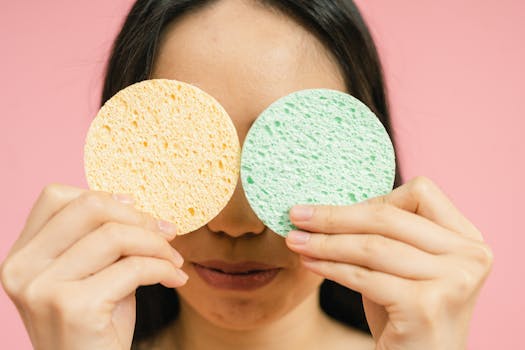 A woman playfully holds colorful spa sponges over her eyes against a pink background.