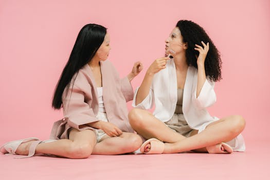 Two women in bathrobes enjoying a skincare routine with face masks on a pink background.