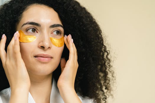 Close-up of a woman using gold under eye patches for skincare routine.
