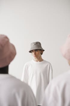 Stylish young adult wearing a bucket hat and white sweater in a minimalist setting.