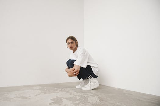 Minimalist portrait of a man crouching in a white studio interior.