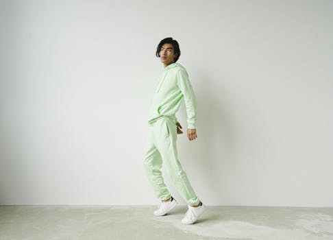 Stylish man posing in green hoodie and sweatpants, studio setting.