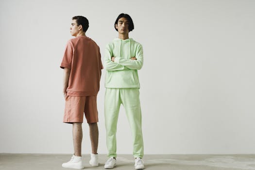 Two male models in pastel clothing posing against a white background.