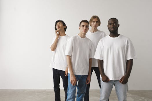 A diverse group of young men stand together indoors, each wearing a casual white t-shirt.