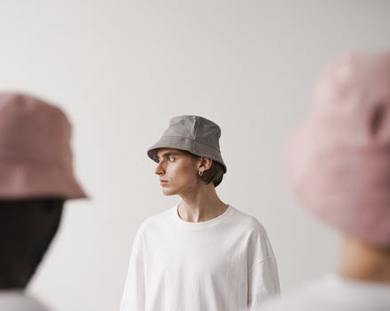 Model in a gray bucket hat and white shirt, studio fashion shoot.