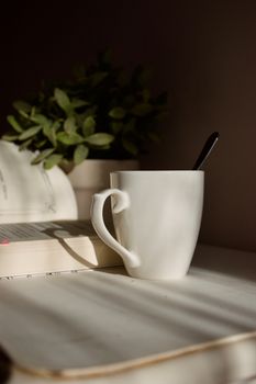 A warm cup of coffee beside an open book and plant on a sunlit table.