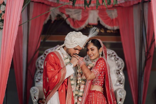 A romantic moment between an Indian bride and groom during their traditional marriage ceremony.