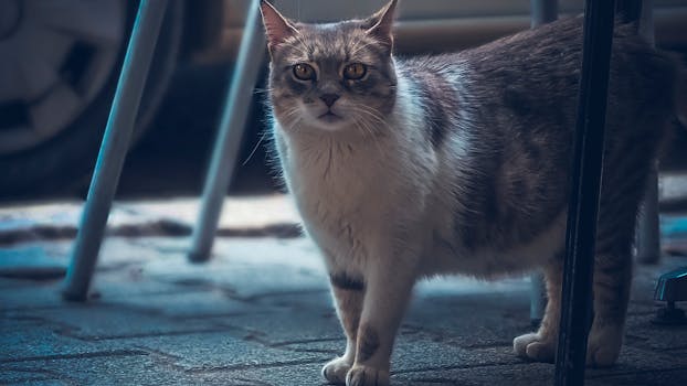 一只可爱的家猫站在人行道上，周围摆满了金属家具