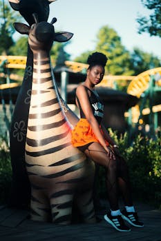 一位穿着充满活力服装的时尚女子在公园户外与斑马雕像合影