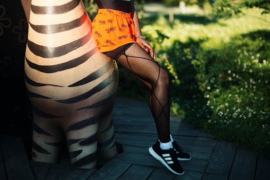 Stylish woman posing with zebra statue in a park, sunlight hitting her legs.