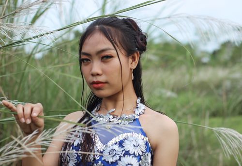 Free Outdoor portrait of an elegant young woman in blue dress, surrounded by tall grass. Stock Photo