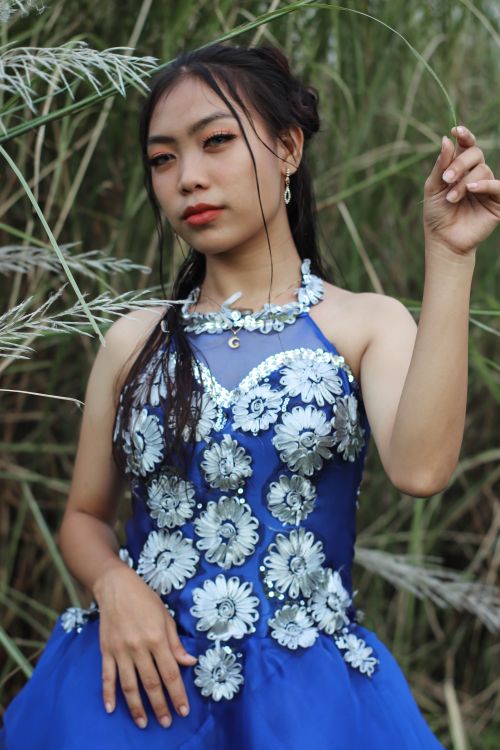 Free Beautiful woman in a floral blue dress posing outdoors among green grasses. Stock Photo