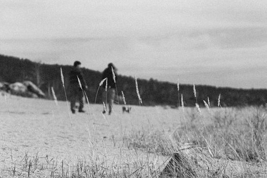 Black and White Analogue Photograph of People Walking with a Dog in Field