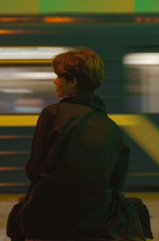 A person with short hair sits waiting at a subway station as a train speeds by.