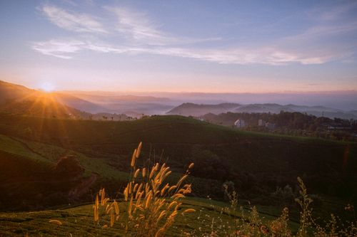 Free Captivating sunrise over lush green hills with a golden glow, perfect for serene nature lovers. Stock Photo