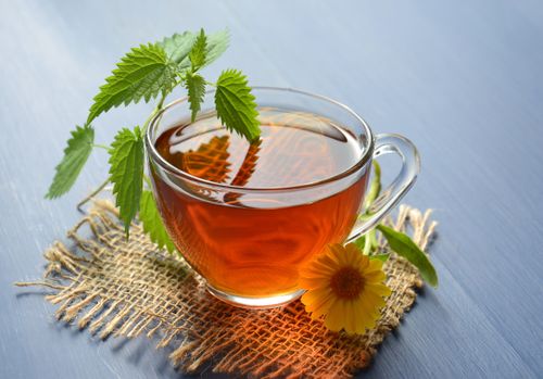Free A refreshing glass cup of herbal tea garnished with nettle leaves and marigold flower. Stock Photo