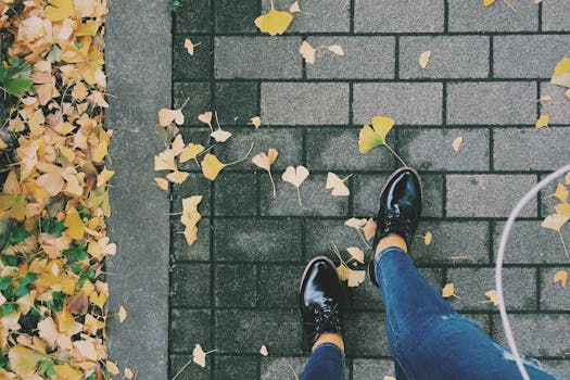 Stylish shoes stepping over autumn leaves on a brick pavement in Nagano, Japan.