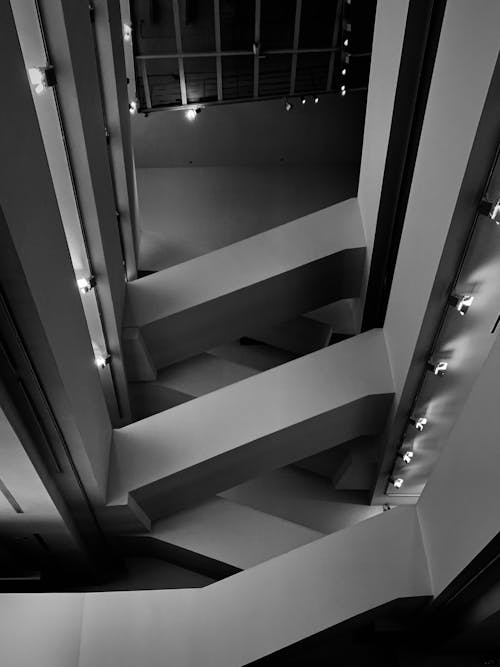 Grayscale Photo of a Staircase